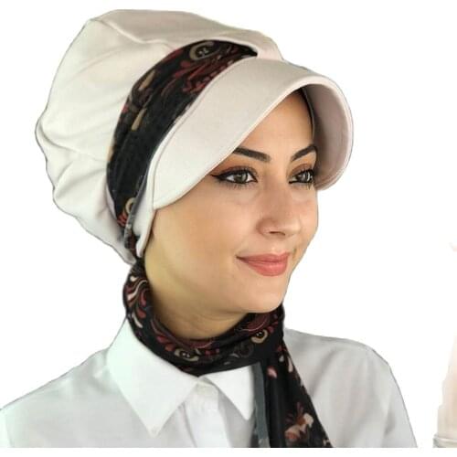 Islamic Fashion Muslim Women Hijab 2021 Trend Single Size Bathing Cap Beret Ready Shawl Scarf Buckle Hat Cream Color Hijab Hat bone