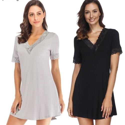 Nightdress gray new womens loose home service short-sleeved V-neck lace night skirt pijama sexy nightware black cotton