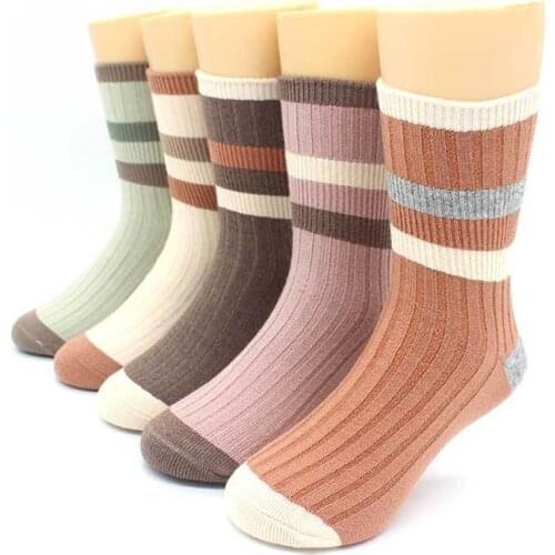 5 Pairs Kids Socks Double Needle Stripe Color Autumn Thick Cotton Socks Boys Girls In The Tube Striped Color Matching Socks