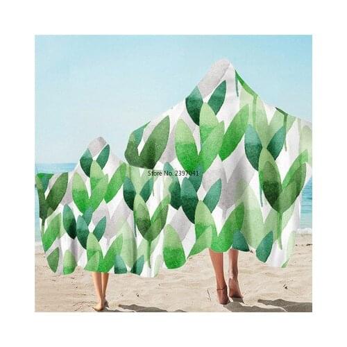 Green Leaves Print Wearable Microfiber Beach Poncho Towel With Hooded Soft Quick Drying Blanket For Parent-child Bath Towels