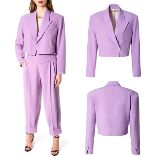 Chic Solid Women Suits High Quality Peaked Lapel Short Tops Blazer Young Girl 2 Pieces Pants Coat
