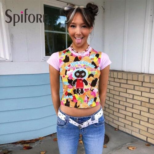 Spifore Y2K Cute Crop Top TShirt Women Bear Printing 2021 O Neck Cotton Basic Casual T-Shirt Summer Short Sleeve Tees Shirt