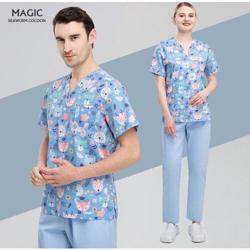 Cotton Printing Hospital Nurse Uniform Beauty Salon Nursing Lab Scrub Work Spa Clothes Medical Doctor Nurse Unisex Surgical Tops