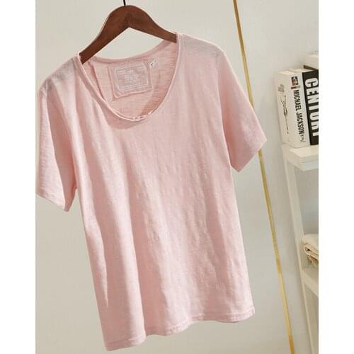 Summer New Korean Pure White Short Sleeve T-shirt Womens V-neck Slubby Cotton Loose And Thin Half Sleeve Tops Pink