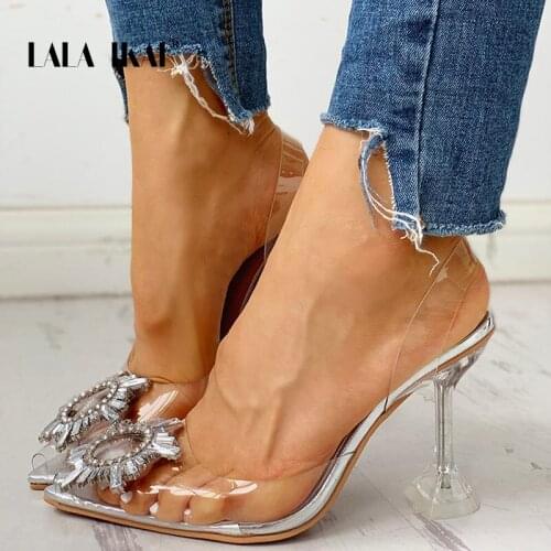 LALA IKAI Womens Summer Pointed Sandals Transparent Rhinestones Stiletto High Heels Open Toe Ladies Shoes Large Size XWC10209-5