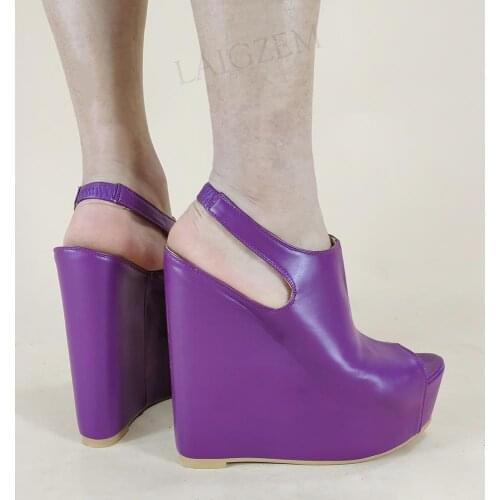 LAIGZEM Women Pumps Platform Wedges Slip On Slides Shoes Woman Sandals Faux Leather Peep Toe Escarpins Large Size 44 46 50 52