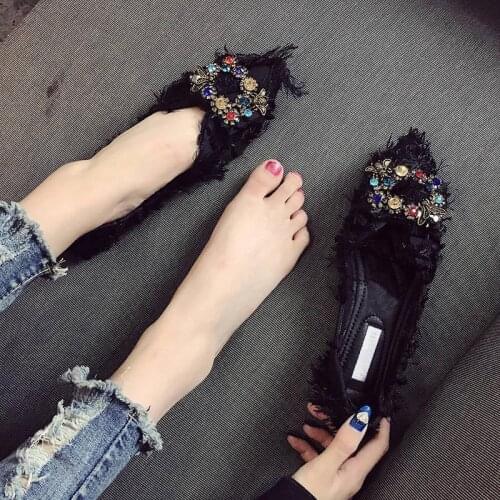 Crystal Flower Women Casual Flat Shoes 2021 Spring Autumn Female Loafer Shoes Fashion Pointed Fringe Shallow Shoes Single Shoes