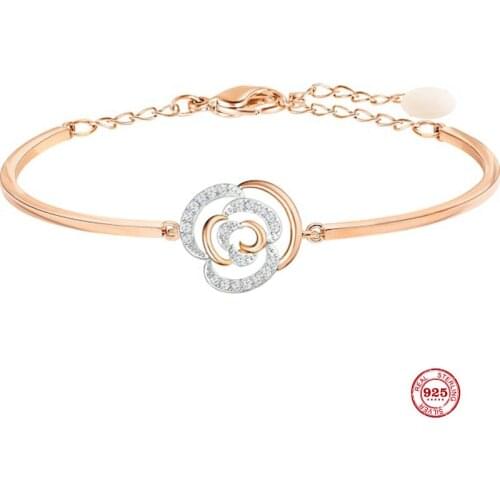 2020 New Fashion Charm Pure 925 Silver Original 1:1 Copy, Elegant Rose Gold Flower Wild Bracelet Female Luxury Jewelry Gifts