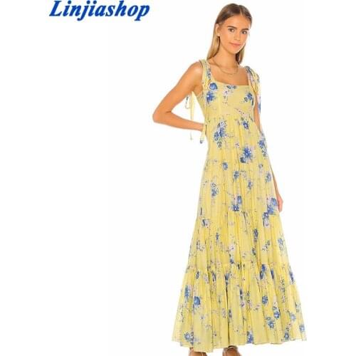 Linjiashop spring summer women long dress yellow floral print sleeveless elegant vintage female midi dress