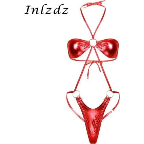 Womens Erotic Lingerie Slingshot Mini Trikini Thong Teddy Bodysuit Shiny Metallic Halter Neck Backless Sexy Bodysuit Nightwear