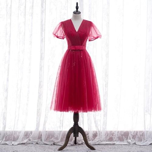 Bespoke Occasion Dresses Illusion V-Neck Short Luxury Red Sequined Pleat Tulle Lace Knee-Length Women Formal Evening Gown HB255