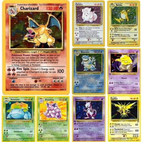 11PCS DIY Pokemon Cards Charizard Raichu Blastoise Zapdos Mewtwo Venusaur HP Vulpix Generation Flash Card Collectible Toys