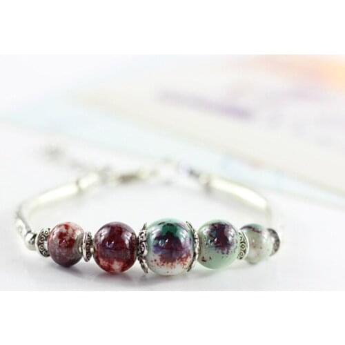 12 Pieces/Lot Silver Color Ceramic Beads Bracelets Women Men Carved Charm Bangles Wristbands Link Chain Wrist Jewelry Accessory