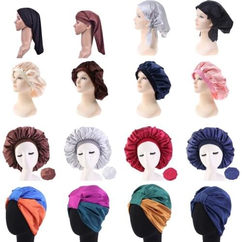 29 Styles Reversible Satin Bonnet Hair Caps Adjust Sleep Night Cap Head Cover Hat For Curly Springy Hair Styling Accessories