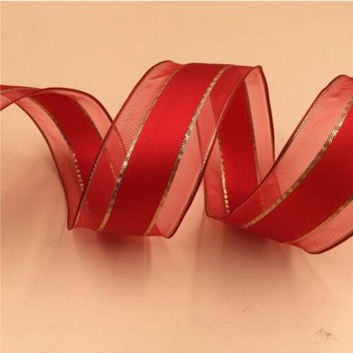 38MM X 25yards roll Red wired organza edge satin ribbon with golden stripes for gift box packaging N2161