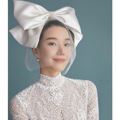White Wedding Veil Hat One Layer Face Veil Hair Clips Photography Props Satin Bowknot Bridal Headwear Wedding Hair Accessories
