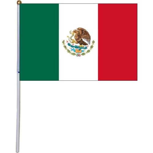 Free shipping xvggdg 14 * 21cm Mexico hand wave flags 100pcs / bag with plastic rod Mexico hand flag