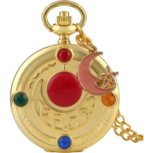 Golden Sailor Moon Hot Anime Theme Quartz Pocket Watches Gifts for Student Kids Girls Pendant Jewelry Clock Present