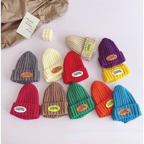 Infants personality children woolen hat pure color knitted solid color hats boys and girls baby letter striped pullover knit hat
