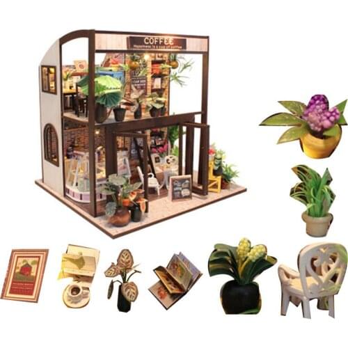 Child doll house kit miniatures coffee wooden house toy diy miniature dollhouse furnitures casas en miniatura