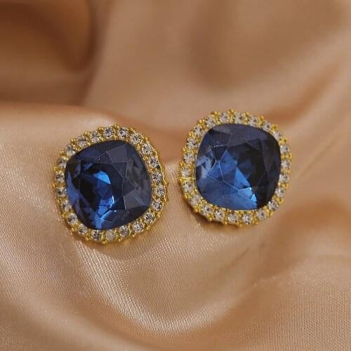 Juorest Elegant Women Stud Earrings Luxery Blue Stone Crystal Party Earrings Wedding Cube Fashion Summer Small Earrings Gift