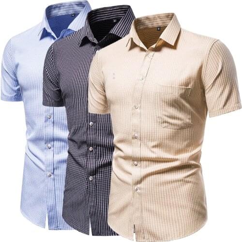 Plaid Shirts for Men Casual Slim Fit Social Short Sleeve Clothing Business Brand Male Shirts Regular-fit Classic Tops Broadcloth