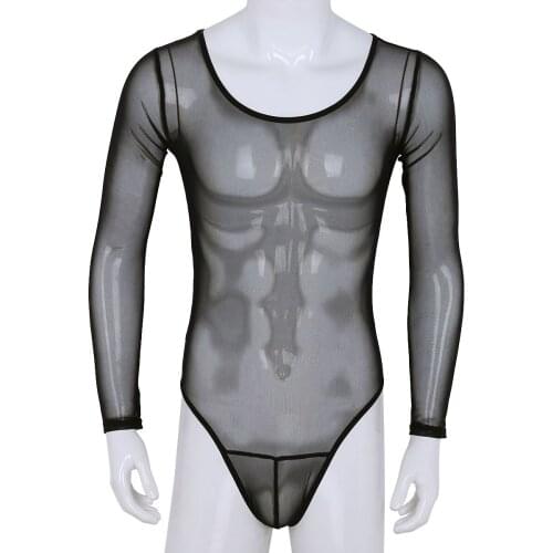MSemis Mens Body suit Gay One-Piece See Through Mesh Long Sleeve Scoop Neck High Cut Thong Leotard Gay Bodysuit Leotard Lingerie