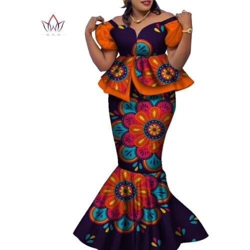 Bintarealwax Africa Style Two Piece Skirt Set Dashiki Elegant Clothing Ruffles Crop Top and Skirt Women Sets for Wedding WY9085