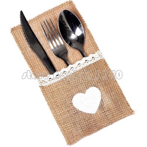 Love Heart Hessian&Lace Burlap Cutlery Holder Pouch Rustic Wedding Decoration with free shipping