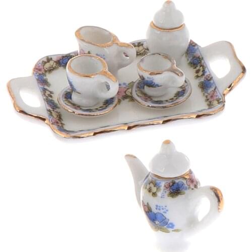 Dollhouse Miniature Dining Ware Porcelain Tea Set Dish Cup Plate -White Purple Flower Pattern 6/8/15Pcs
