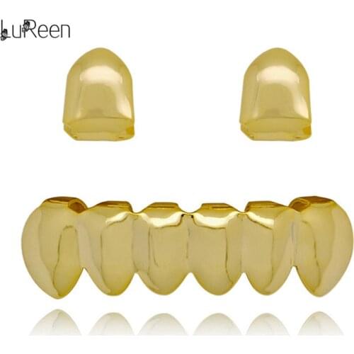 LuReen Hip Hop Teeth Grillz Set Top Bottom Gold Silver Color Dental Grills Metal Tooth Caps Unisex Fashion Jewelry