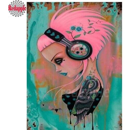 Diy round Diamond Painting cartoon girl full Square Rhinestone Diamond Embroidery headset skull girl Cross Stitch Sale Mosaic