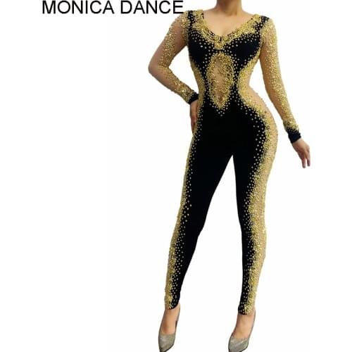 Sexy Stage Gold Rhinestones Jumpsuit Lady Evening Prom Party Wedding Birthday Celebrate Outfit Singer Stage Wear Dance Costume