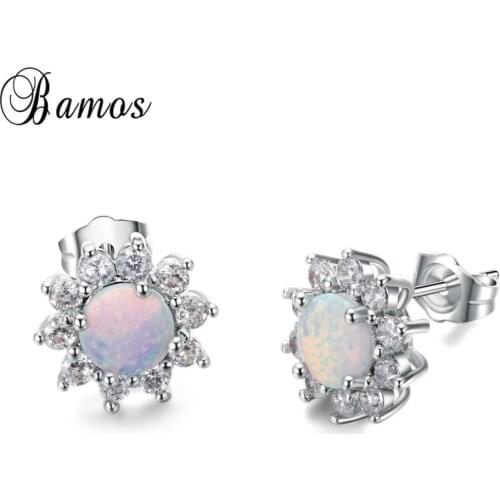 Bamos Fashion Flower Stud Earring White Fire Opal & Zircon Earrings Silver Color Jewelry For Women Best Gifts