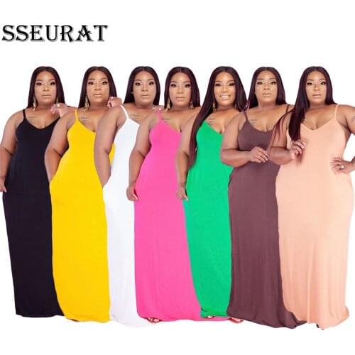 SSEURAT Plus size XL-4XL Summer Women Fashion Solid Long Maxi Dress Night Beach Casual Dresses Vestidos