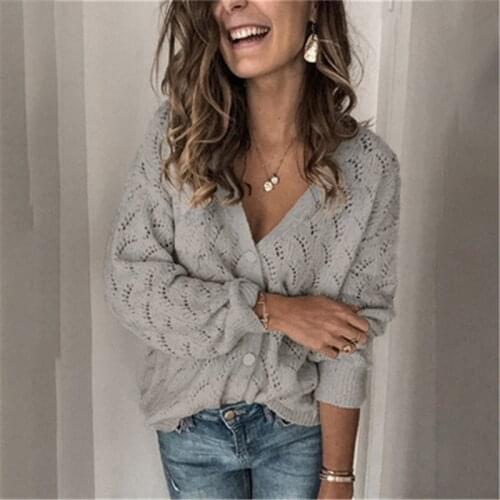 Stylish Crochet Hollow V-Neck Long-Sleeved Single-Row Button Cashmere Knitted Sweaters