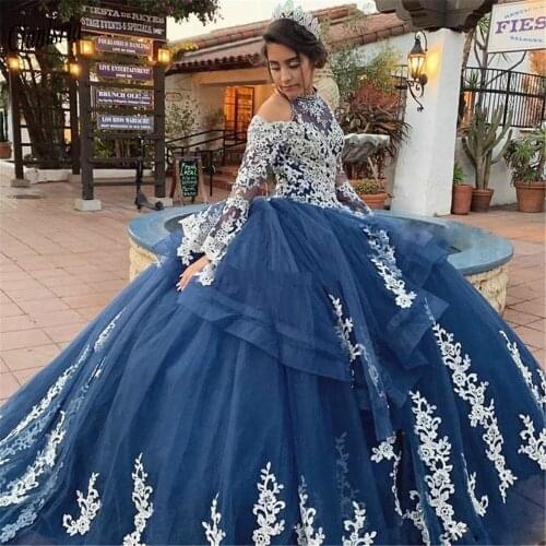 Navy Blue Halter Long Sleeve Ruffles Ball Gown Quinceanera Dress White Appliques Lace Sweet 16 Prom Party Dress