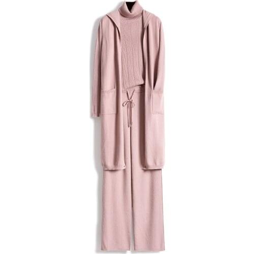 2020 Drawstring Knit 3 Piece Set New Fashion Temperament Turtleneck Sweater Cardigan Wide Leg Pants Three-piece Winter