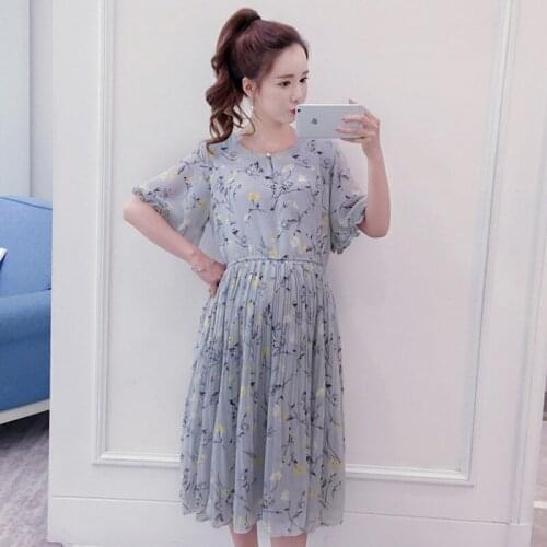 Spring Summer Maternity Casual Pleated Dresses Chiffon Floral Dress for Pregnant Women Lantern Sleeve Clothing Maternity Clothes