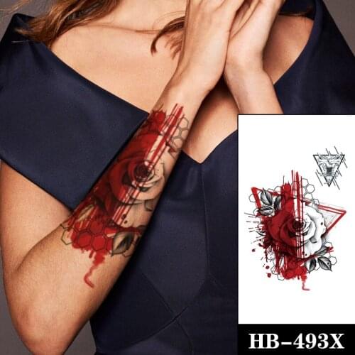 Geometry Red Triangle Rose Waterproof Temporary Tattoo for Women Men Fake Tatoo Sticker Black Line Flower Body Art Arm Tattoos