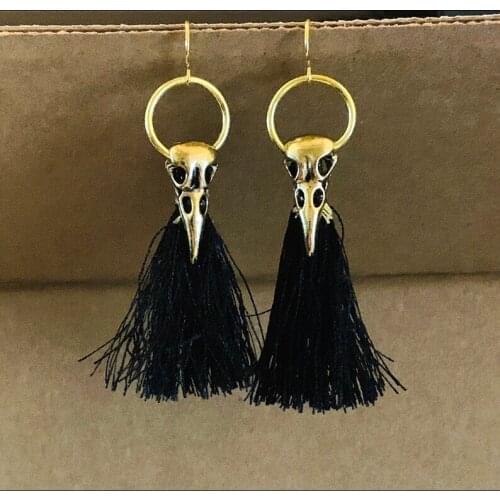 Raven Skull Door Knocker Tassel Drop Hook Earrings/Boho Gypsy
