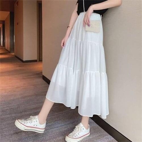 Spring Summer Women Chiffon Skirts Vintage High Waist Elastic Patchwork White Black Chic Long Cake A-line Skirt for Student