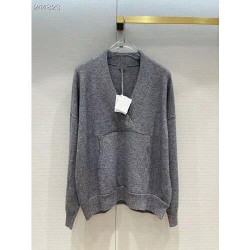 Fyion Runway Fashion Women Sweater 2021 High Quality Autumn Long Sleeve V-Neck Beading Knitted Gray Pullover Sweater