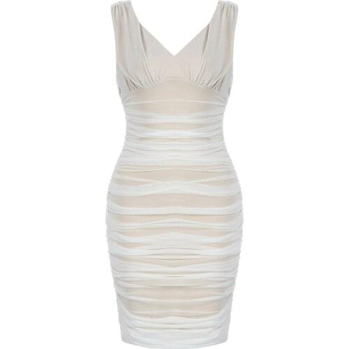 Women Fashion Draped White Lace Mini Dress Summer Sexy V Neck Tank Sleeveless Club Celebrity Party Dress 2021