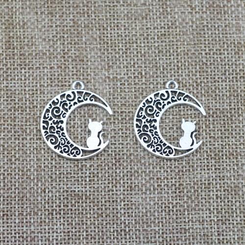 10 Pieces 25*30 mm Antique Silver Color Moon Cat Charms Hollow Pendant For DIY Jewelry Making