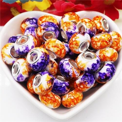 10Pcs New Color Flower Art Resin Stone Large Hole European Spacer Beads With Silver Plated Core Fit Pandora Bracelet Snake Chain