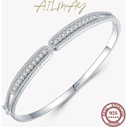 Ailmay Solid 925 Sterling Silver Bracelets For Women Round Classic Ten Hearts Clear Zircon Bracelets Fine Female Fashion Jewelry