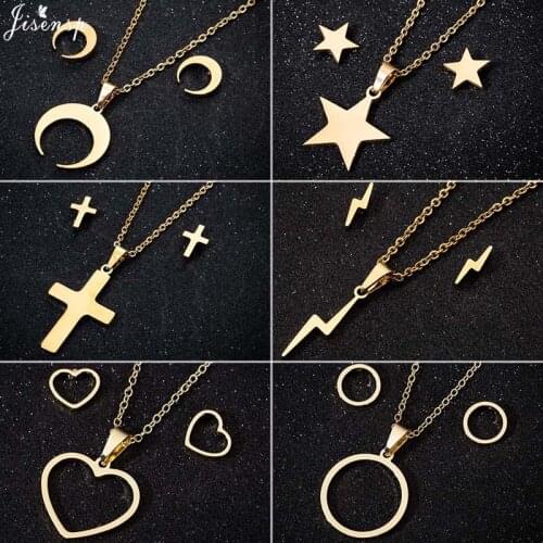 Jisensp Simple Geometric Stainless Steel Jewelry Sets Fashion Creative Moon Star Pendant Necklace Earrings for Women Party Gift