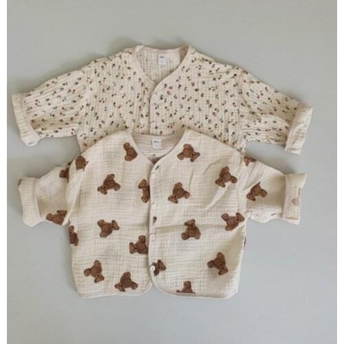 Toddler Girl Cardigan Bear Print Boys Jacket Cherry Print Girls Thin Coat Toddler Tops Linen Cotton Baby Jackets Summer Spring