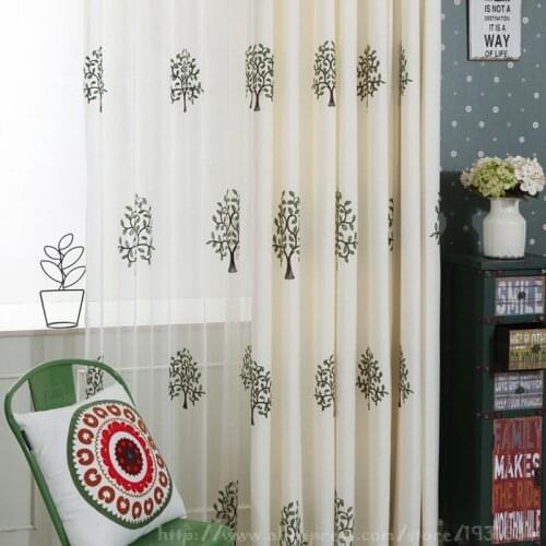Korean Imitation Linen Green Tree Embroidered Voile Curtains for Living Room Tulle Window Sheer Curtains for Bedroom Voile 1PCS